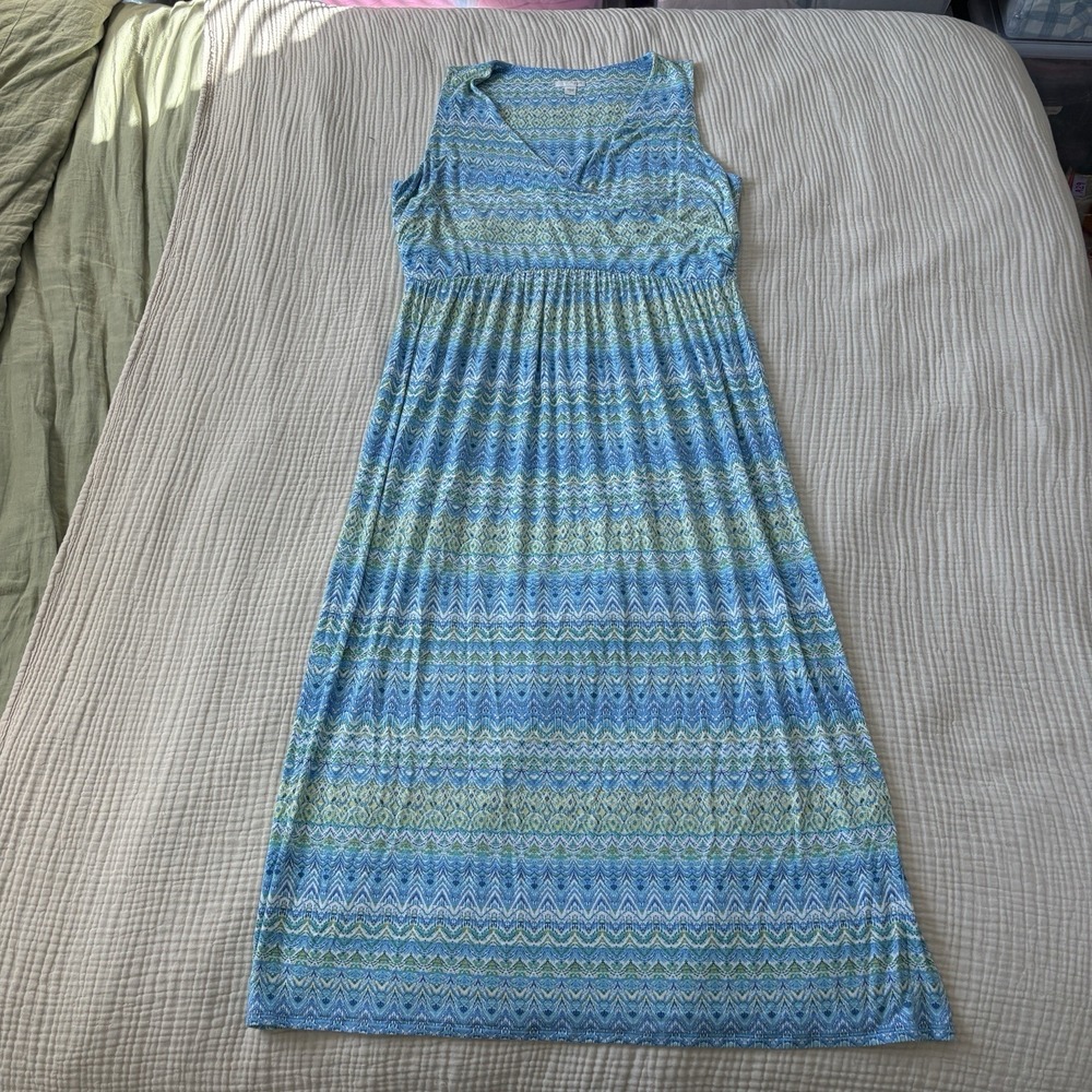 J. JILL Maxi Dress Size Large Blue Sleeveless Crossover Stretch Aegean Ikat